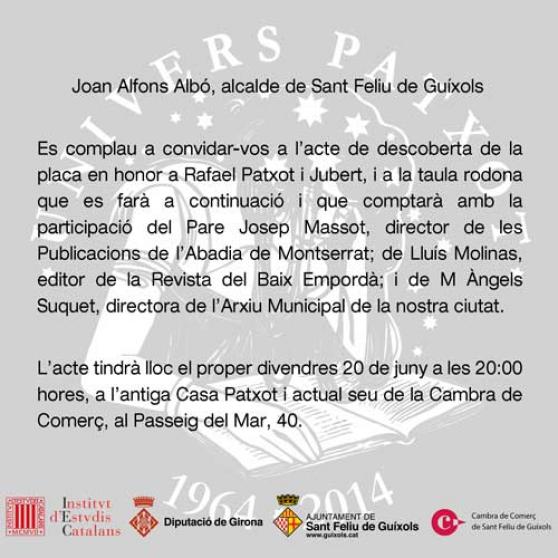 Invitació de l'acte de descoberta de la placa d'honor a Rafael Patxot i Jubert