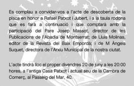 Invitació de l'acte de descoberta de la placa d'honor a Rafael Patxot i Jubert
